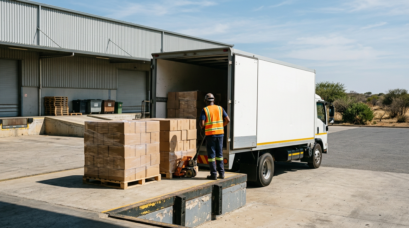 Illustrative cargo collection as a white truck is loaded at a logistics dock.