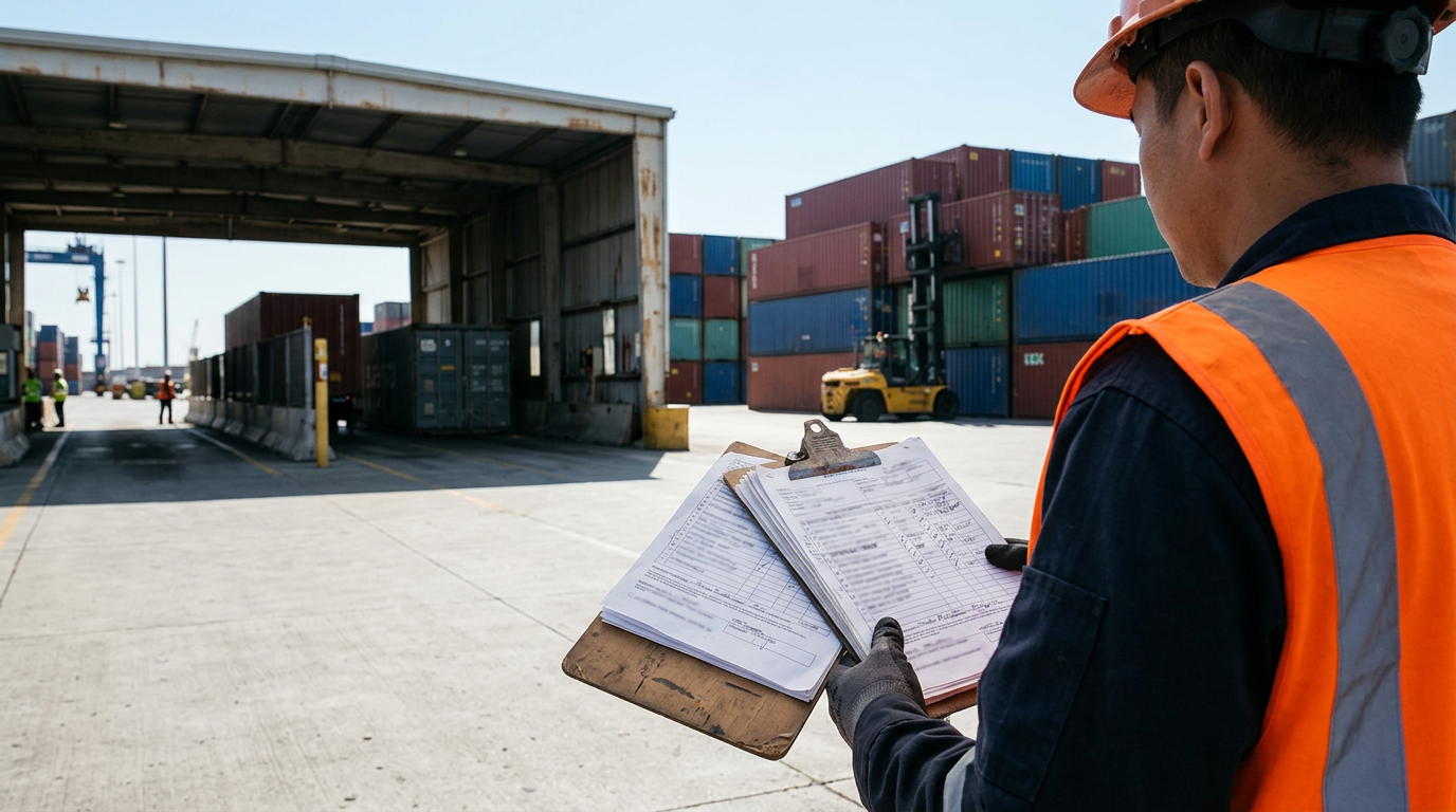 Illustrative customs clearing with shipping documents reviewed beside cargo containers.