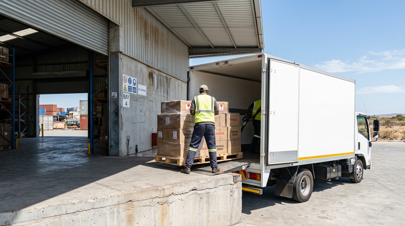 Illustrative delivery services with freight unloaded at a destination warehouse.