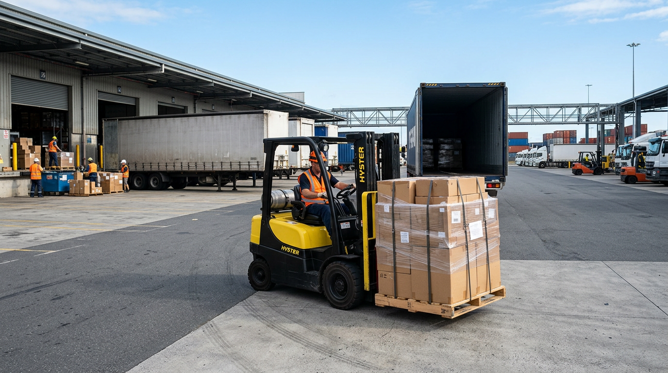 Illustrative palletized freight being handled at a logistics terminal.