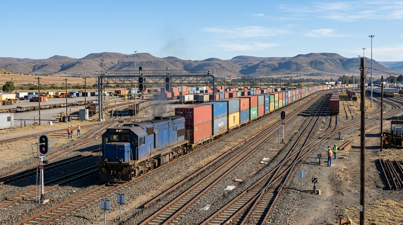 Illustrative freight train carrying intermodal cargo through a railway yard.