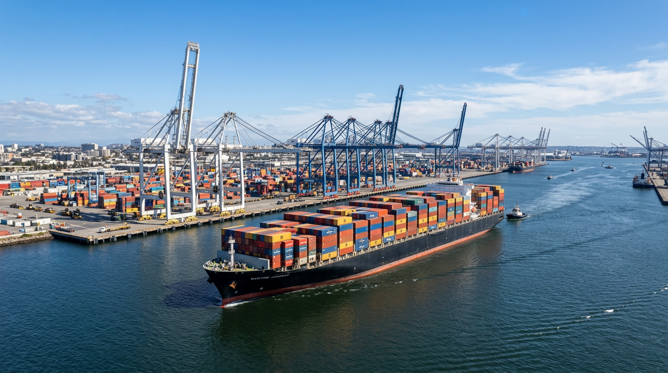 Illustrative container ship carrying sea cargo into a commercial port.