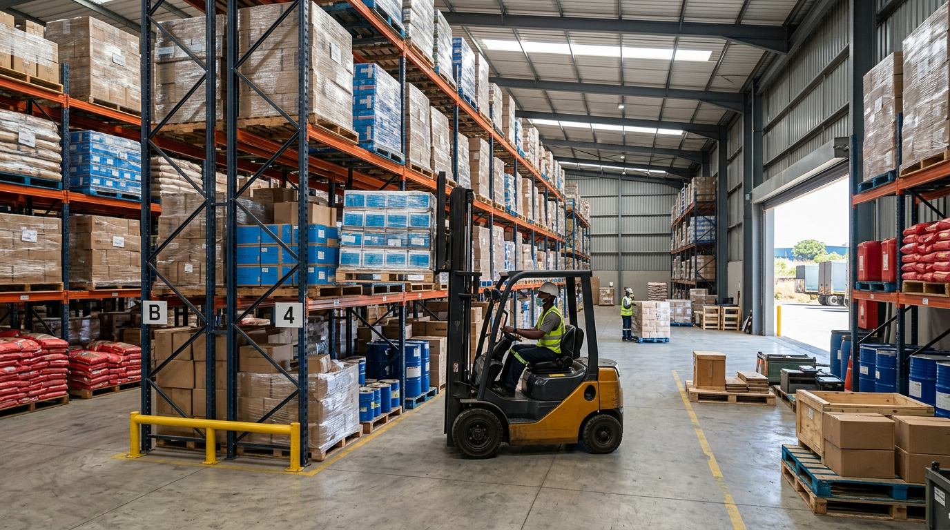 Illustrative warehouse storage with palletized cargo on tall storage racks.